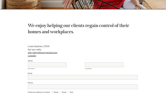 screenshot of Altogether Organized contact page