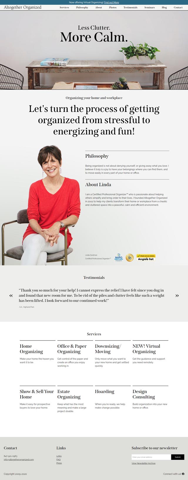 scrolling display of Altogether Organized home page